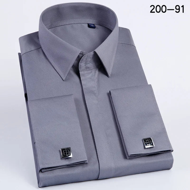 Spring Autumn Men's French Cufflinks Business Dress Shirt Sleeve Pin Solid Color Non-iron Shirts Slim Fit Party Men's Wear