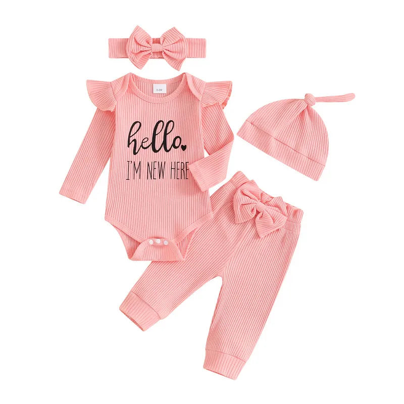Newborn Baby Girls Autumn 4PCS Sets Long Sleeve Romper Tops Ribbed Pants Headband Hat Sets