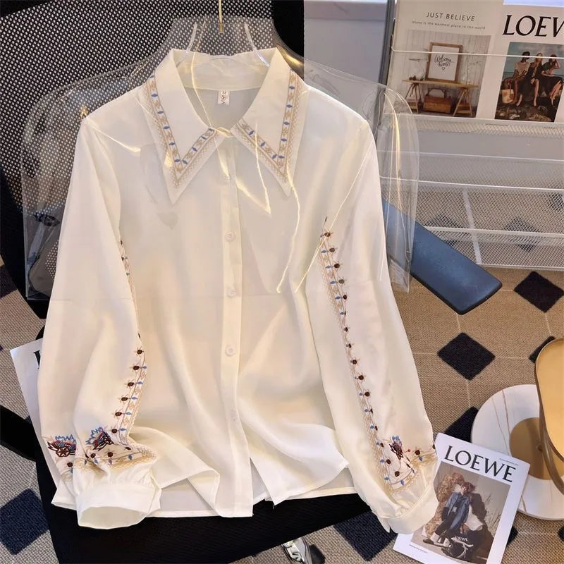 Embroidered Women be all-match High Quality Female Elegant Blouses Ladies Work Wear Shirts White Floral Clothings Chiffon Tops