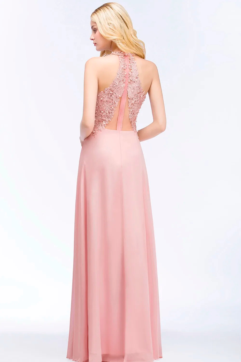 BABYONLINE Halter Neckline Lace Pearls Bodice Bridesmaid Dress Long Floor-length Skirt Chiffon Sexy Open Back Wedding Clothes