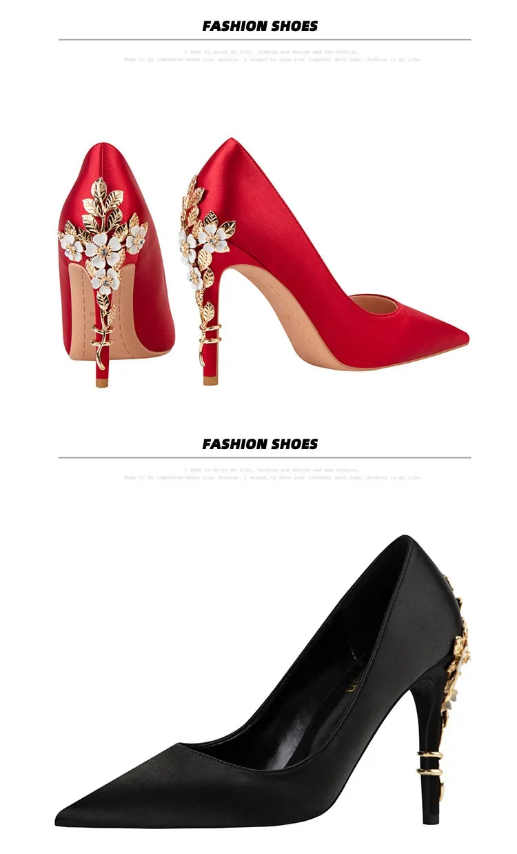 Women's Metal Flowers Stiletto High-heel Shoes Female Light Luxury Sexy Fashion Wedding Shoes Pointed Toe Satin Single Shoes