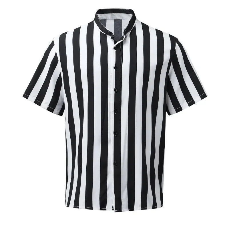 Summer casual new men's shirts, fashionable striped short-sleeved T-shirts, stand-up collar, versatile and trendy men's clothing