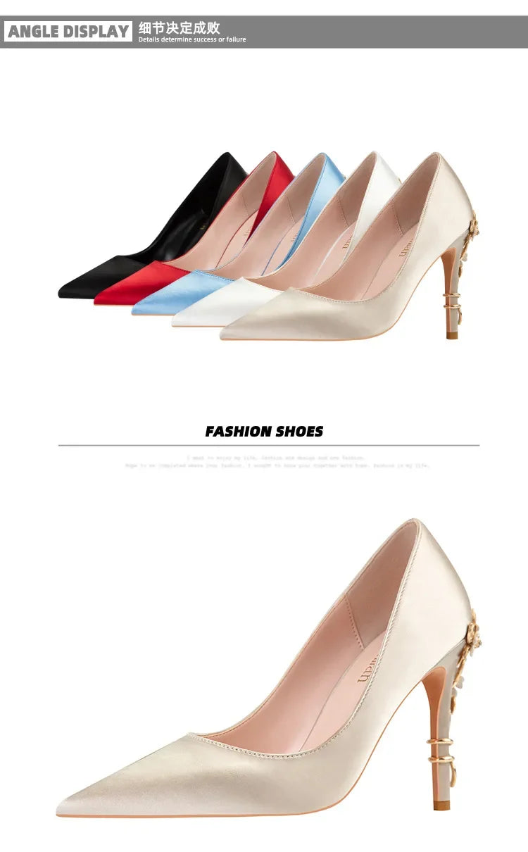 Women's Metal Flowers Stiletto High-heel Shoes Female Light Luxury Sexy Fashion Wedding Shoes Pointed Toe Satin Single Shoes