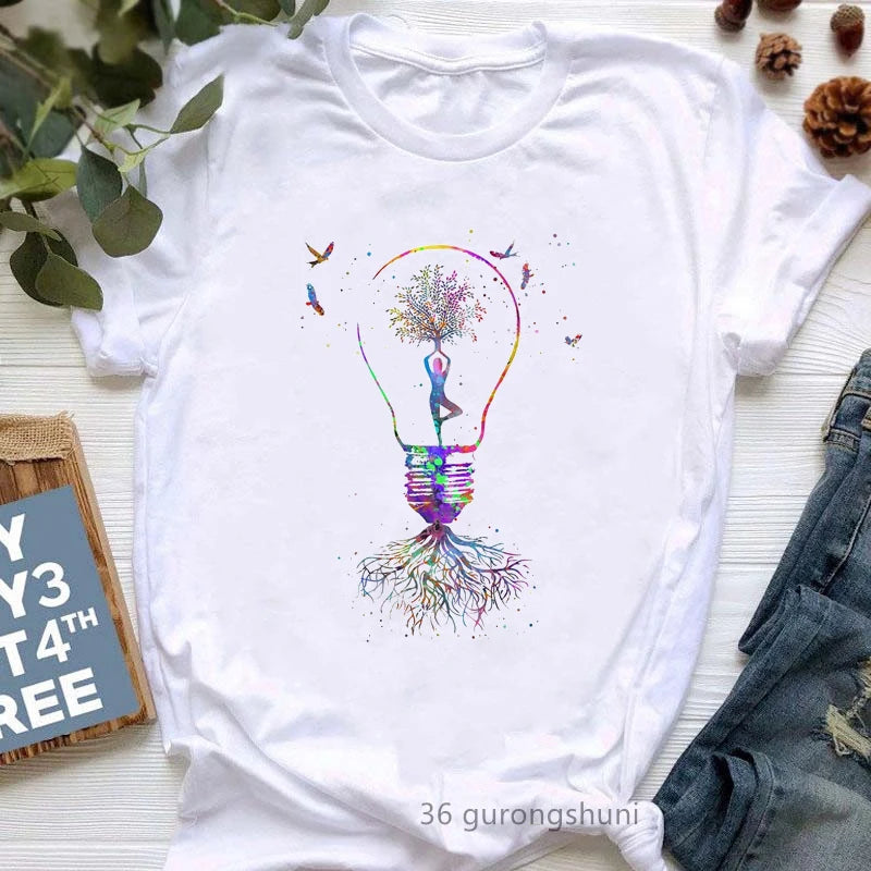 Newest Yoga Tree Print Tshirt Girls Summer Fashion Short Sleeve T Shirt Women Buddha Chakra Meditation T-Shirt Female Wholesale