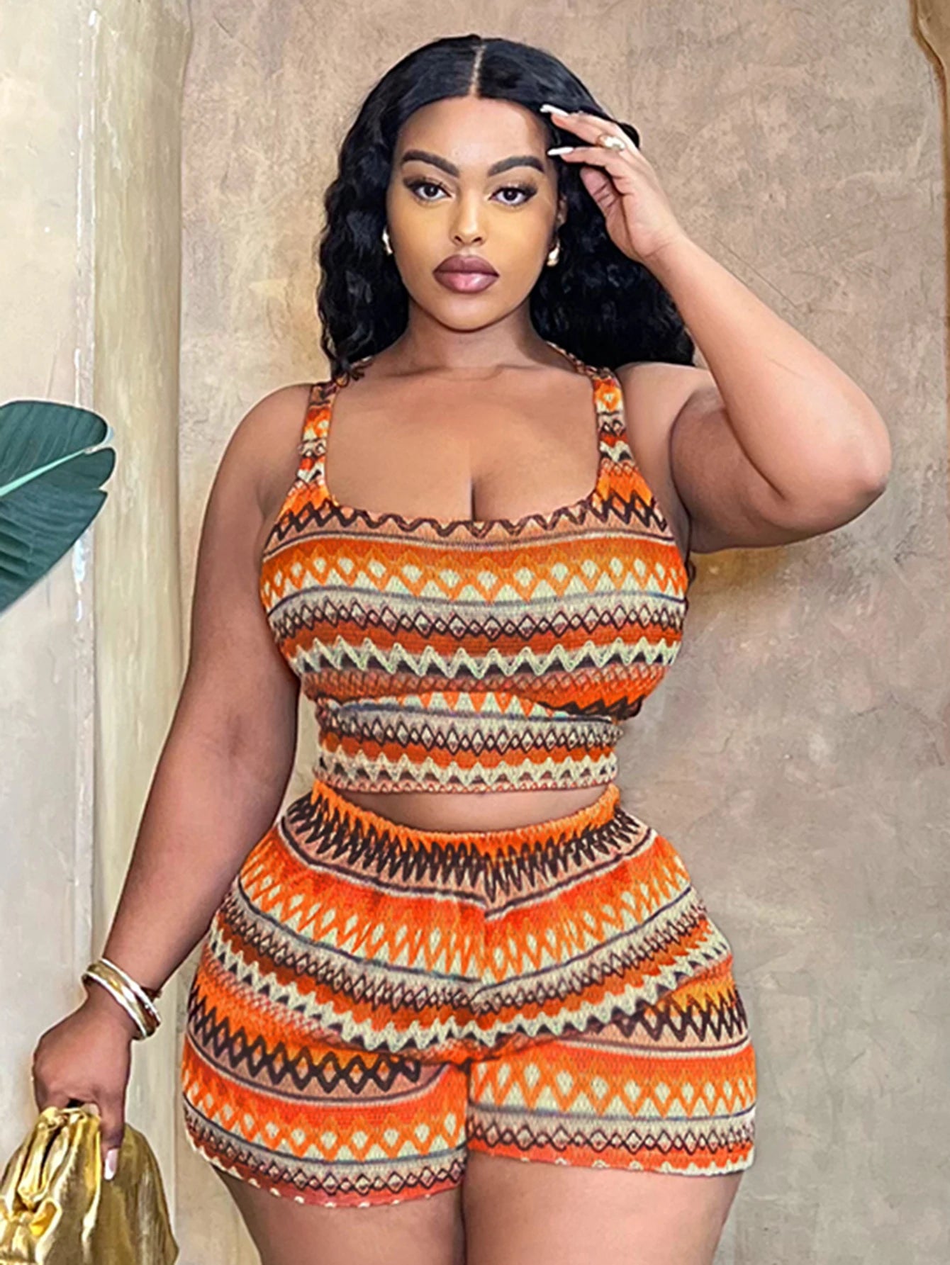 LW Plus Size shorts sets Cami Geometric Print Knit Shorts Set summer sleeveless cami tank + shorts sets casual Two pieces set