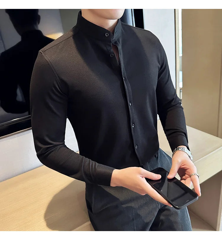 Winter Men Woolen Shirt with British Style Solid Casual Stand Up Collar Thick Warm Wool Formal Dress Shirt Fashion Men Clothing