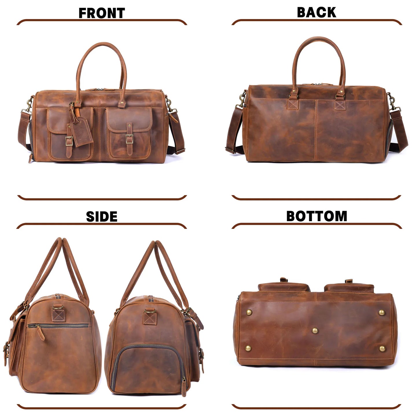 S.WORKER Vintage Genuine Leather Travel Bag Crazy-horse Cowhide Leather Duffel Bag Handicrafted Weekender Bag Gym Bag