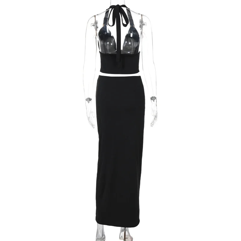Mozision Elegant Summer 2 Piece Sets Women Metal Ring Crop Tops And Maxi Skirt Female Fashion Solid Lace-up Beach Two Piece Sets