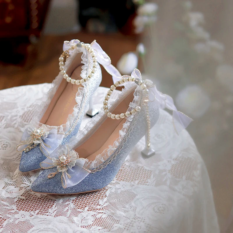Lolita High Heels One Night Story Lolita Shoes Shiny Pointed High Heels Flower Wedding Ceremony 18 Year Old Slim Heels