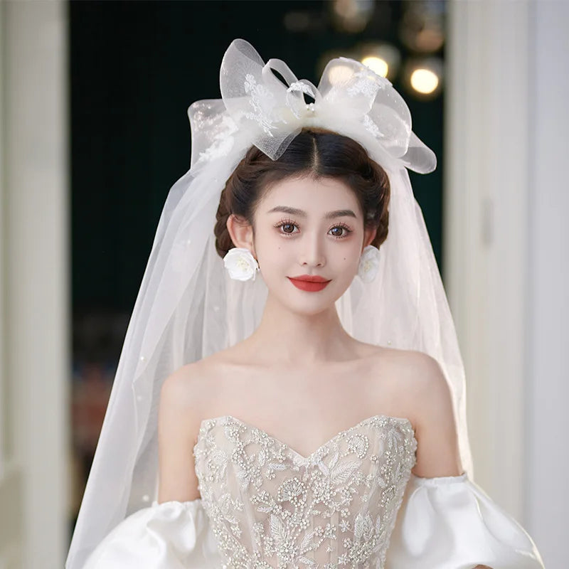 Korean Style Wedding Veil Large Bowknot Bride Veils Wedding Hair Accessories Woman's accessories