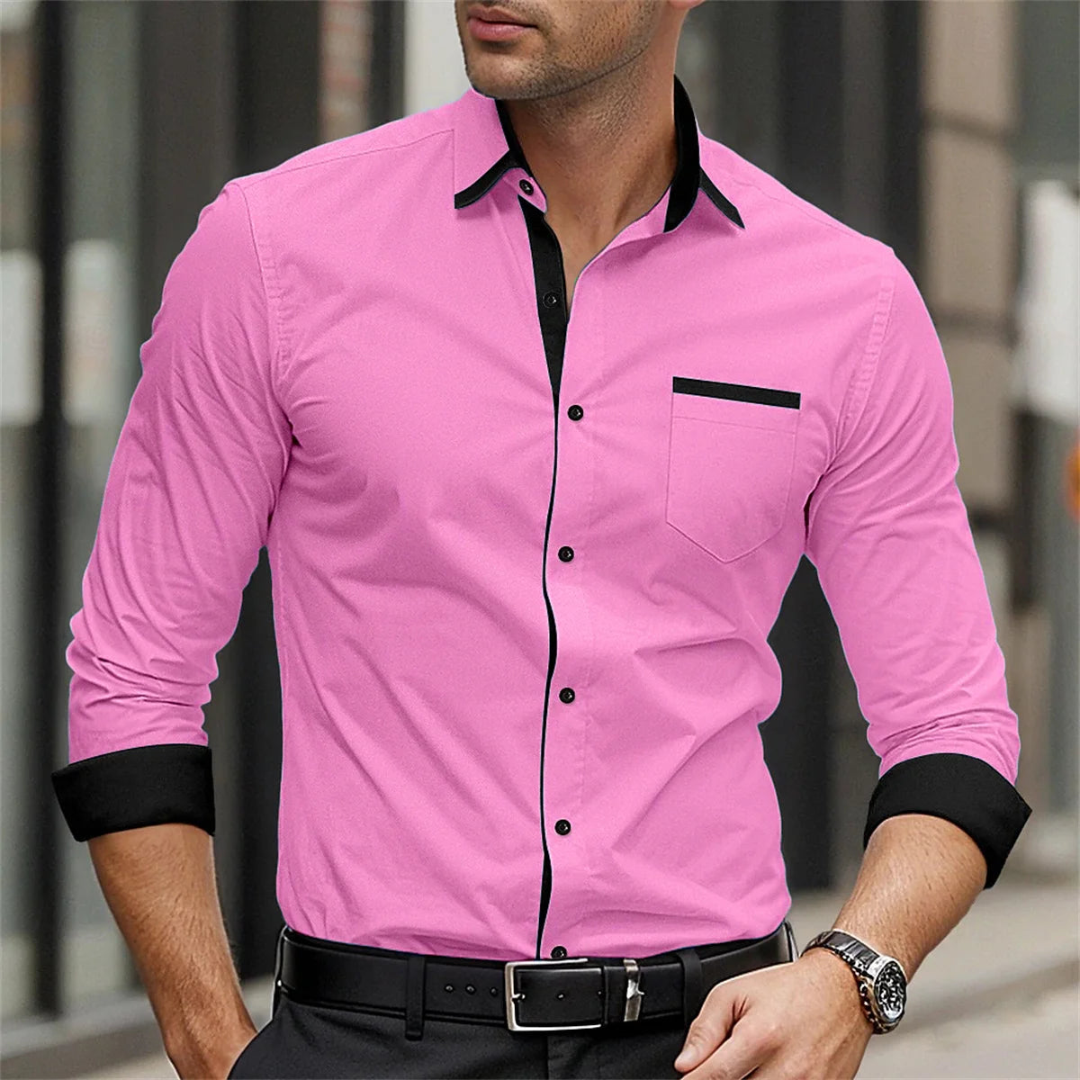 Men's formal shirt solid color splicing business casual printed shirt for spring and summer daily wear pocket comfortable shirt