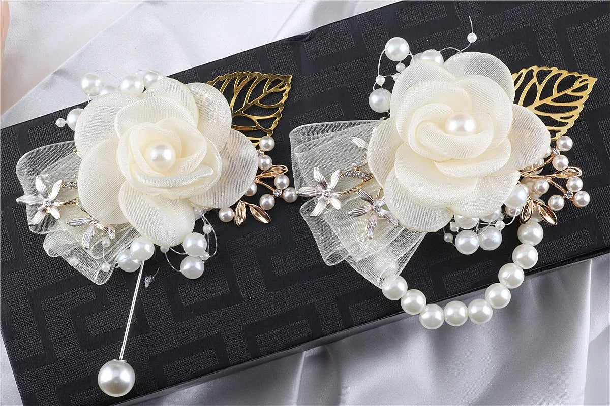 Artifical Rose Flowers Pearl Beaded Wrist Flower Ivory Flowers Bridesmaid Mensuit Marriage Wedding Accessories