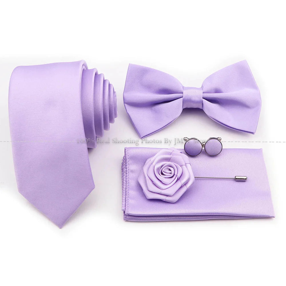 Hot Sale Purple Pink Sage Green Tie Set Polyester Necktie Bowtie Cufflink Brooch For Groom Suit Wedding Cravat Shirt Accessory