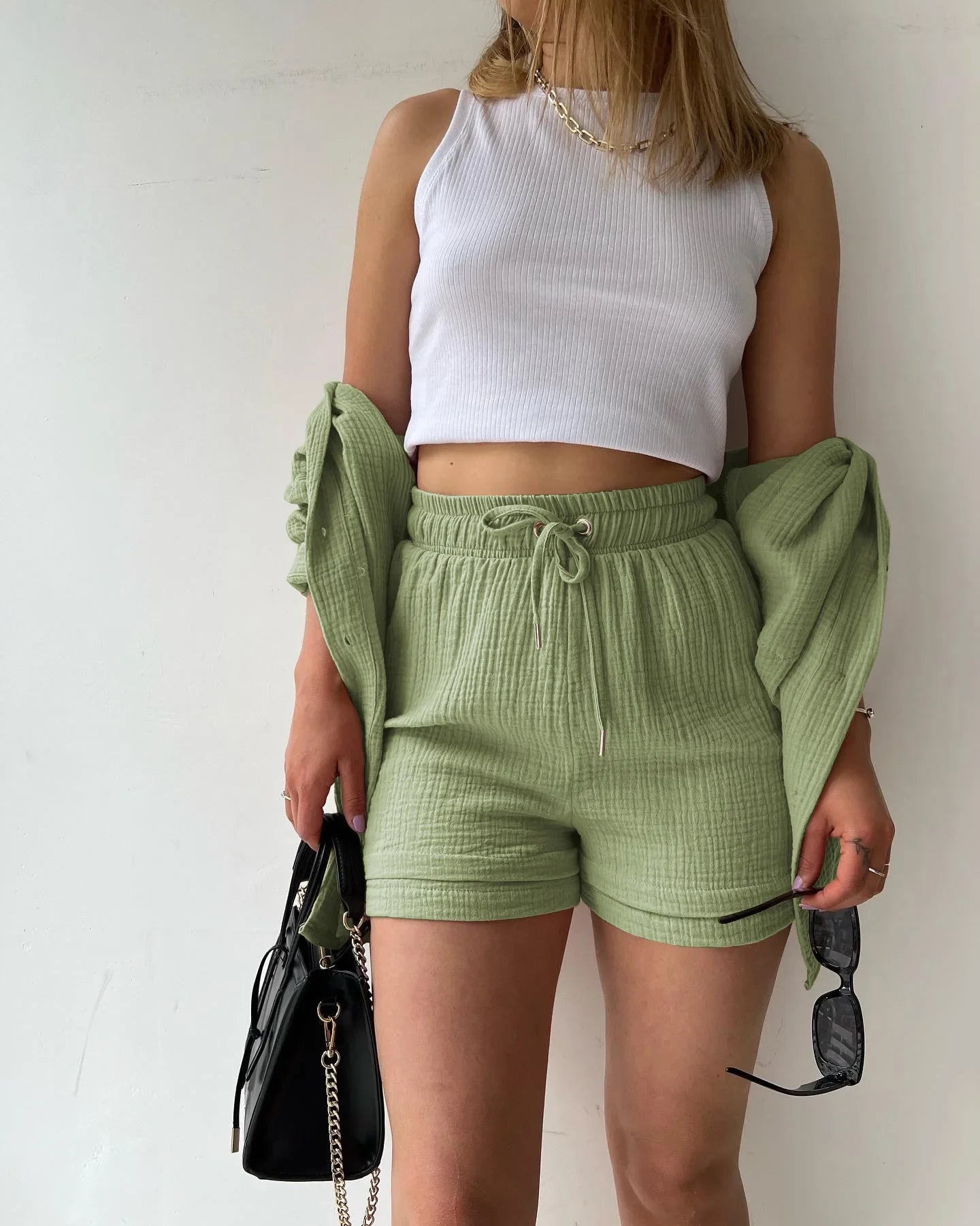 Short Sets Women Tracksuit Single Breasted Cardigan Blouses Two Pieces Shorts Loose Button High Street Solid Pockets Folds