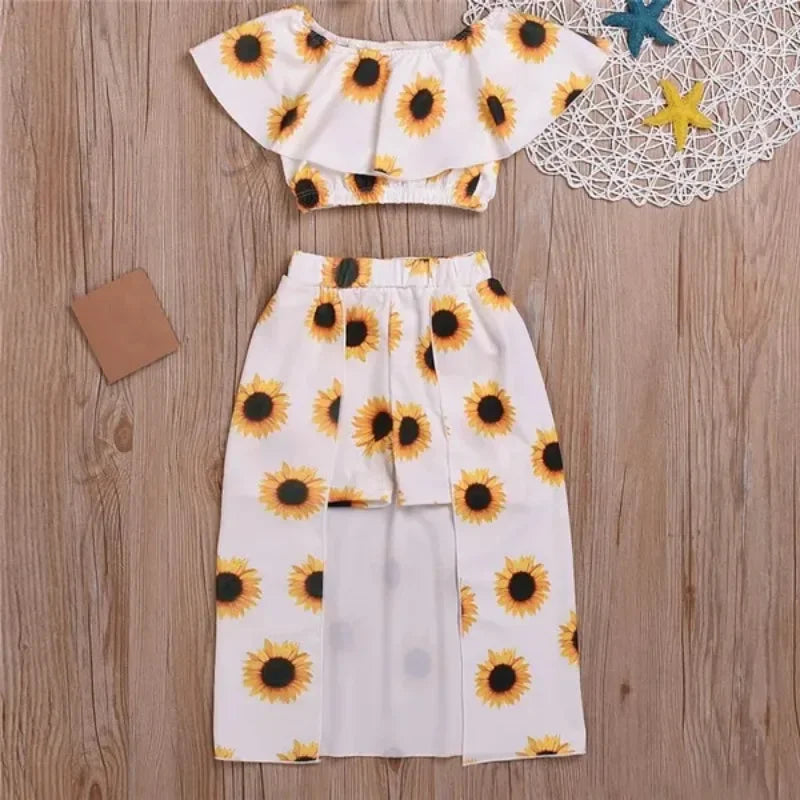 Kids Girls Clothing Sets Floral Print Off Shoulder Crop Top and Culotte Skirt Suits ( Not Include Hats, Bags,Glasses)