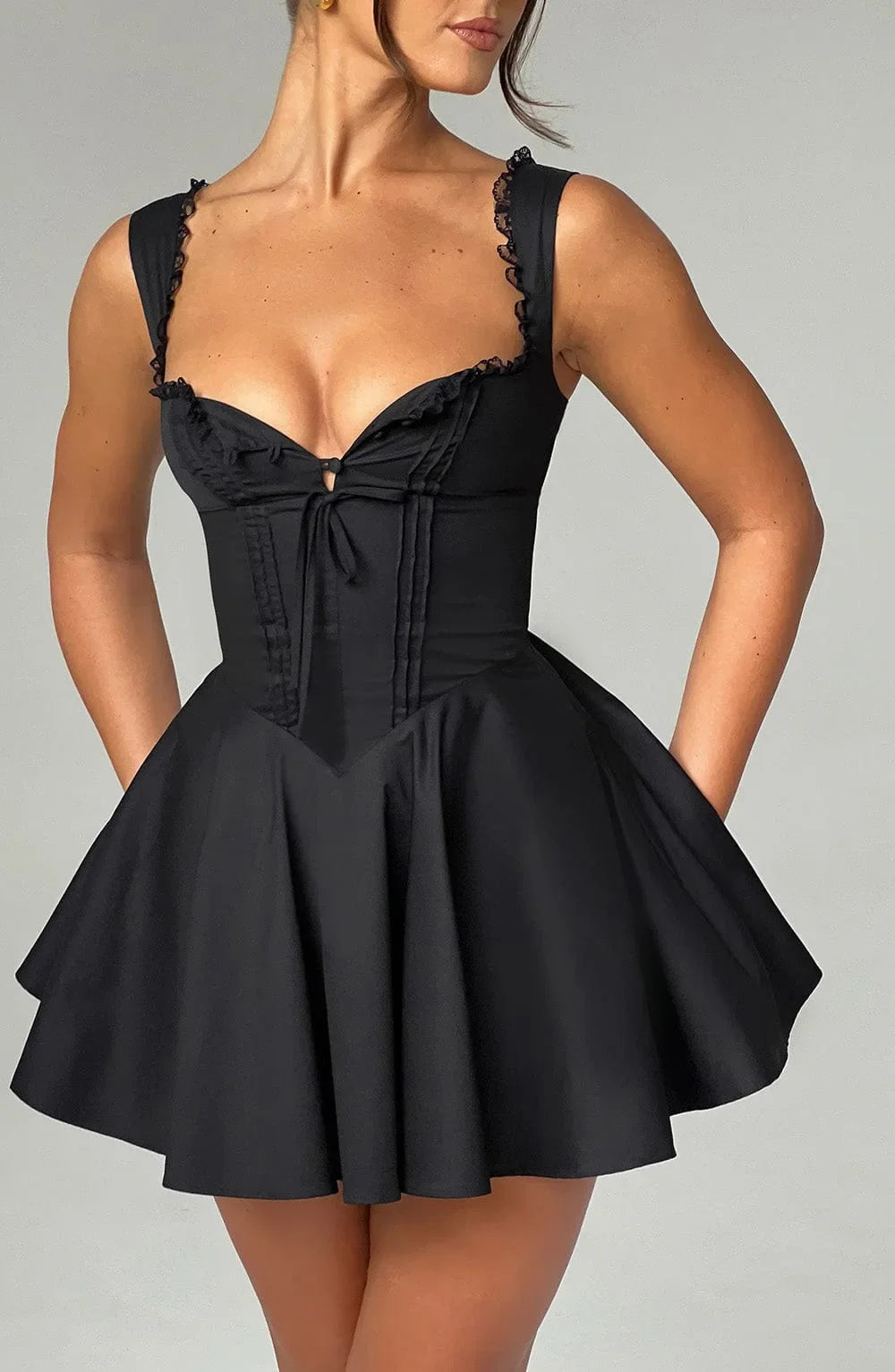 Women's Hot Girl Sweetheart Neck Dress Sexy Lace Splicing A-Line Dress 2025 Spring Summer Female Sweet Girl Solid Color Dress