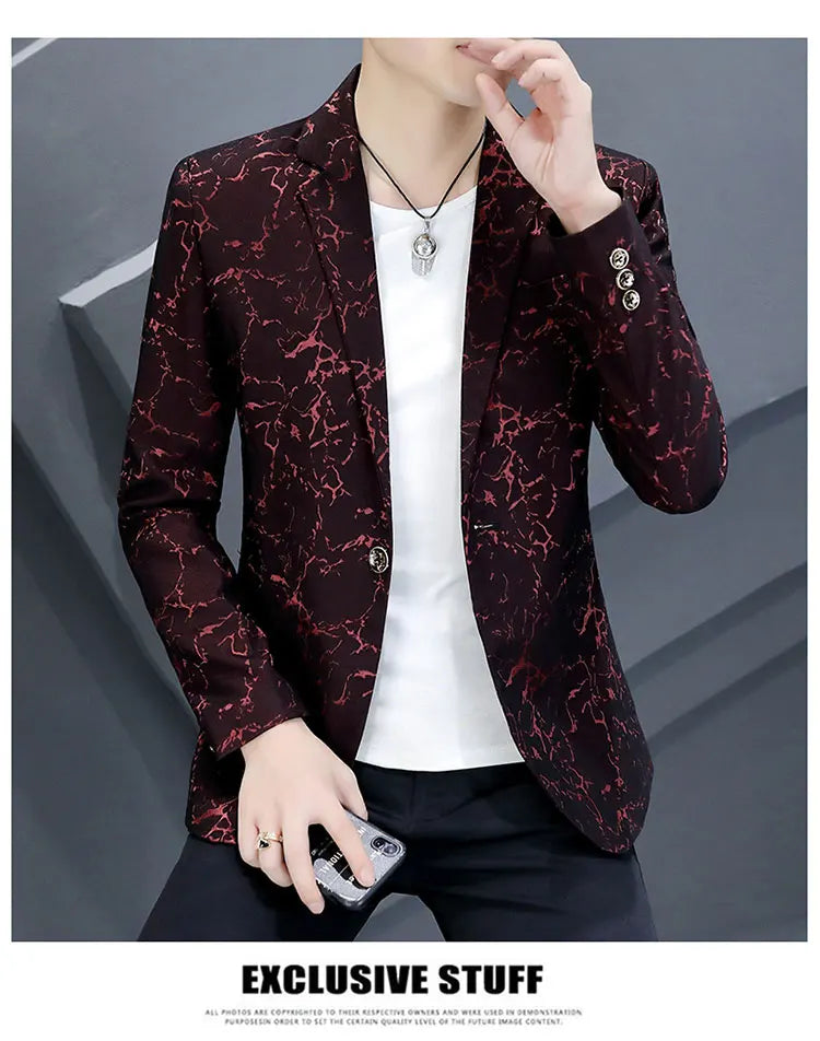 The Main Push Burst Casual Small Suit Trend Pattern Personality Coat Spring and Summer Coat Comfortable Handsome Men's Clothing