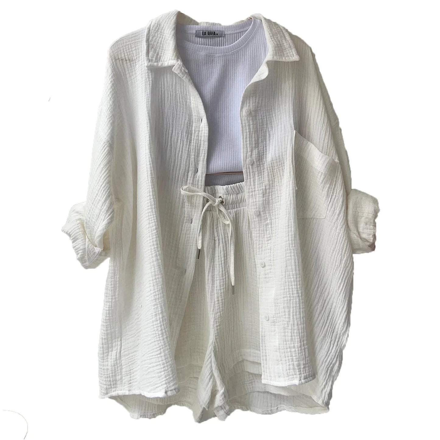 Short Sets Women Tracksuit Single Breasted Cardigan Blouses Two Pieces Shorts Loose Button High Street Solid Pockets Folds