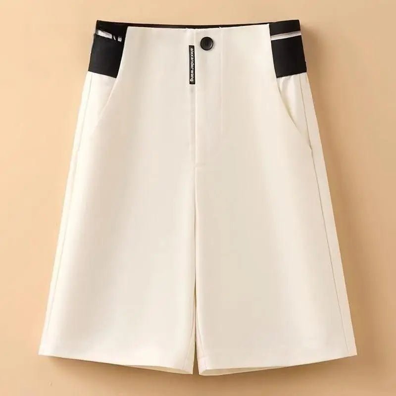Female Korean Solid Color Spliced Casual Knee Pants Female Summer Fashion All-match High Waist Straight Pants Women's Clothing