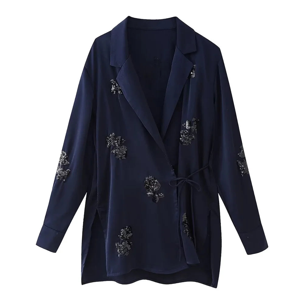 Zach Ailsa 2024 Summer New Product Women's Fashion Loose Lace up Suit Coat Beaded Silk Texture Long Pants Casual Set
