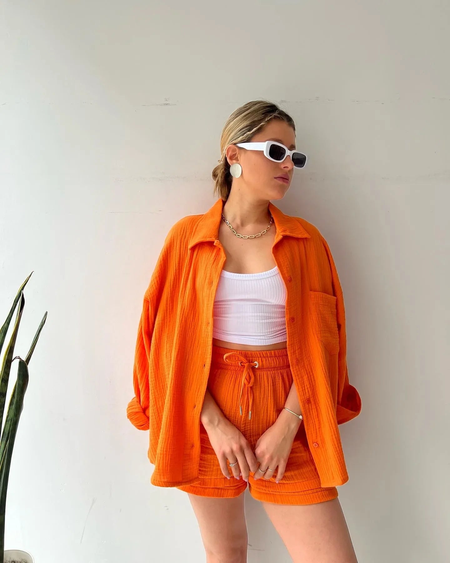 Short Sets Women Tracksuit Single Breasted Cardigan Blouses Two Pieces Shorts Loose Button High Street Solid Pockets Folds