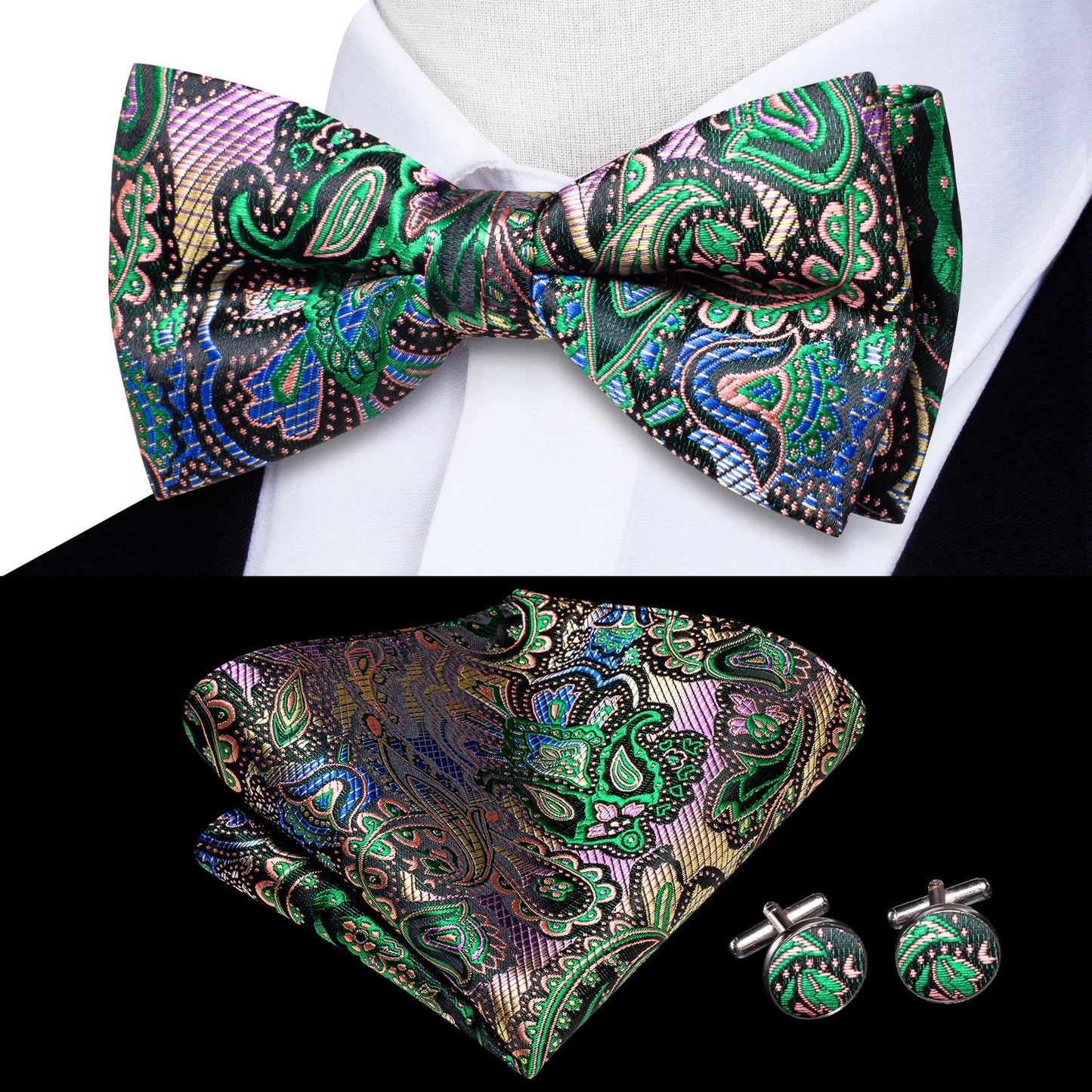 Hi-Tie Pink Dot Silk Mens Pre-tied Bow Tie Hanky Cufflink Set Dusty Pink Butterfly Knot Bowtie for Male Wedding Business