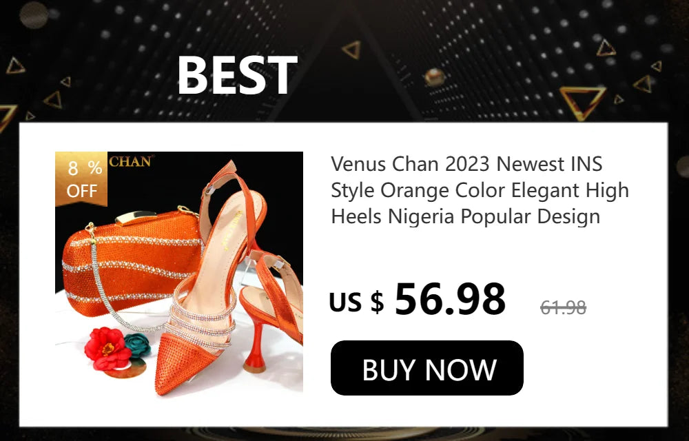 Venus Chan 2024 Special Design High Quality Orange Color African Women Shoes and Bag Set with Shinning Crystal for Wedding Party