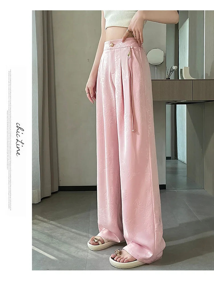 New Chinese Style Jacquard Wide Leg Satin Pants for Women Elegant Solid Office Lady Women's Casual Loose Pants Female