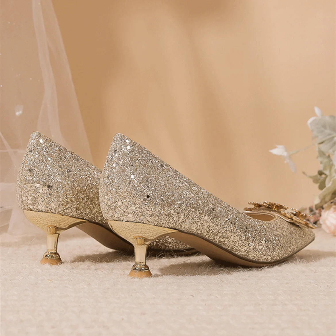 Ladies Pumps Pointed Toe Silver Rhinestone Low Heel Elegant Women's Shoes Bride Footwear 39 Vacation 2025 Trend on Offer Slip