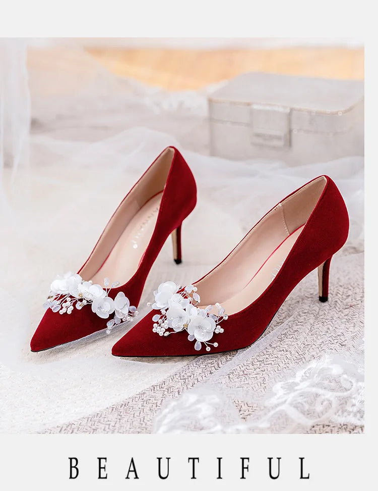 Wedding Shoes Women's 2024 Main Wedding Dress White High Heels Burgundy Xiuhe Bridal Shoes Mid Heel Plus Size Single Shoes