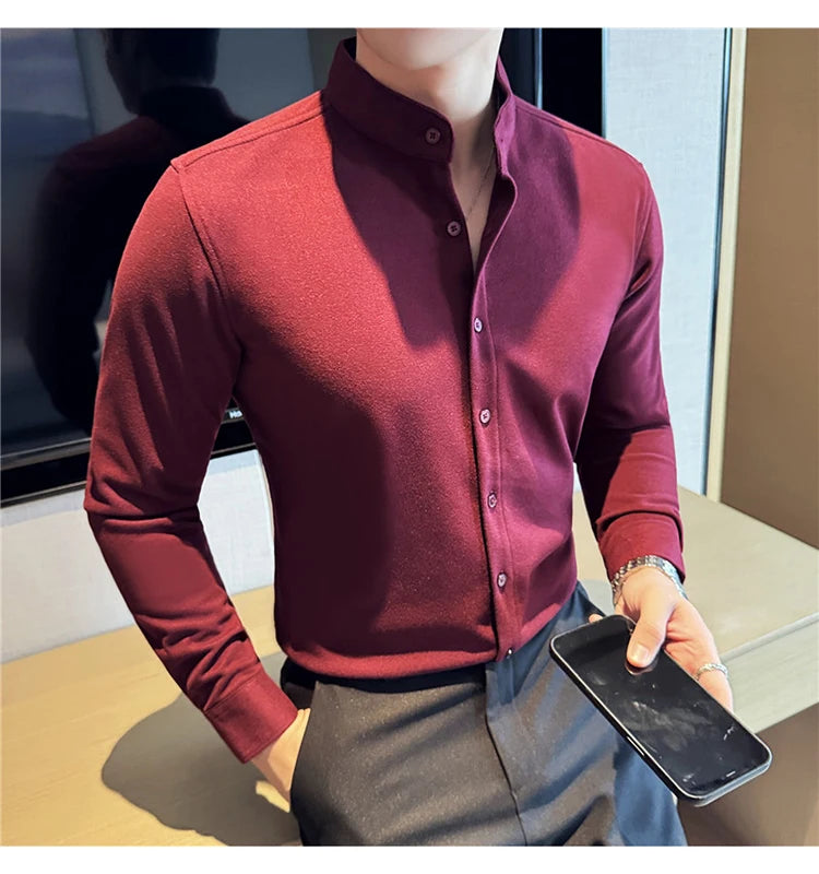 Winter Men Woolen Shirt with British Style Solid Casual Stand Up Collar Thick Warm Wool Formal Dress Shirt Fashion Men Clothing