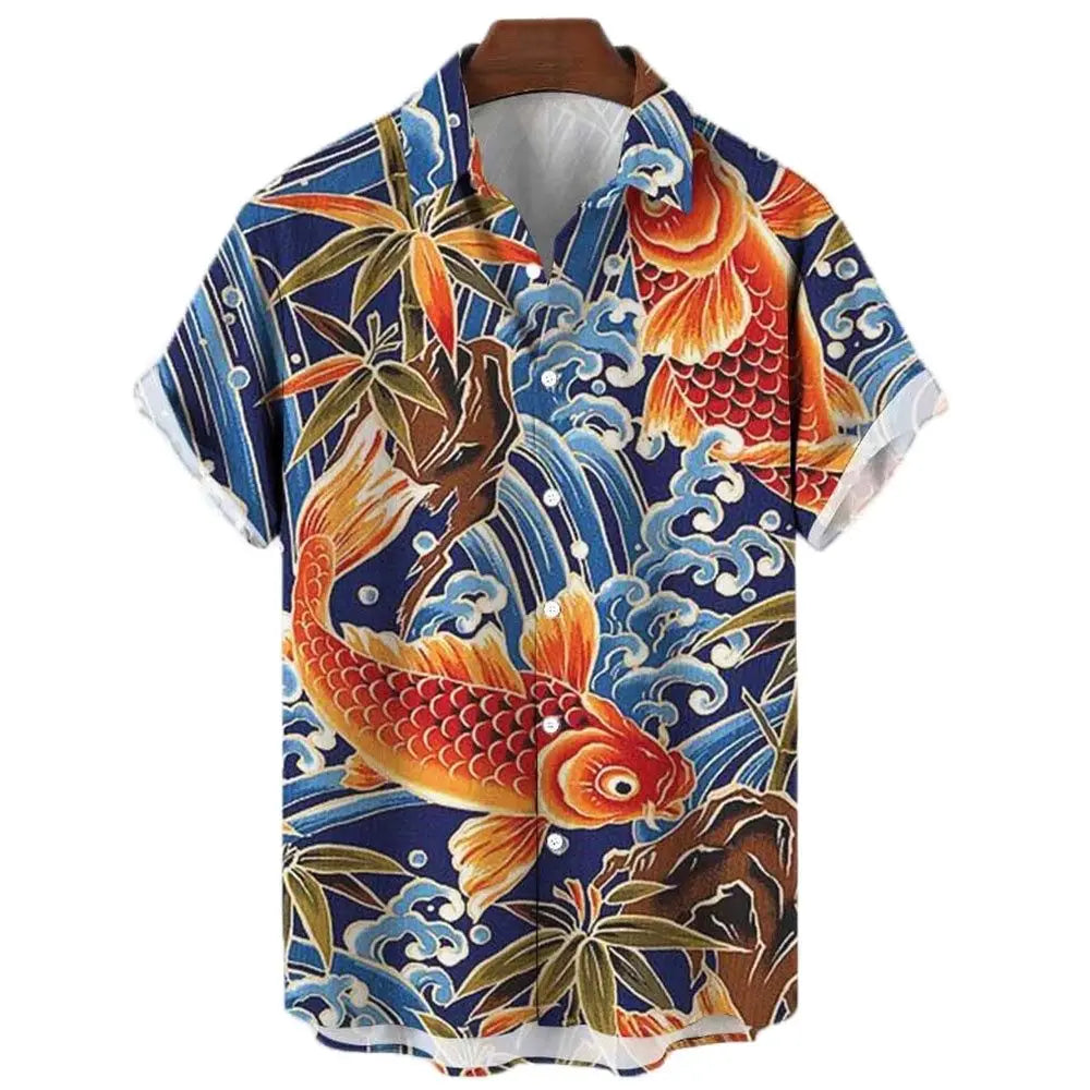Japanese Men's Shirts Koi Print Hawaiian Buttons Beach Aloha Tops New 2024
