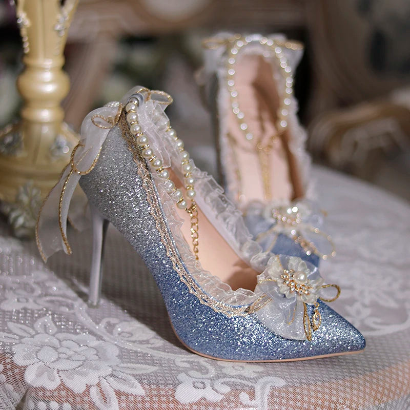 Lolita High Heels One Night Story Lolita Shoes Shiny Pointed High Heels Flower Wedding Ceremony 18 Year Old Slim Heels