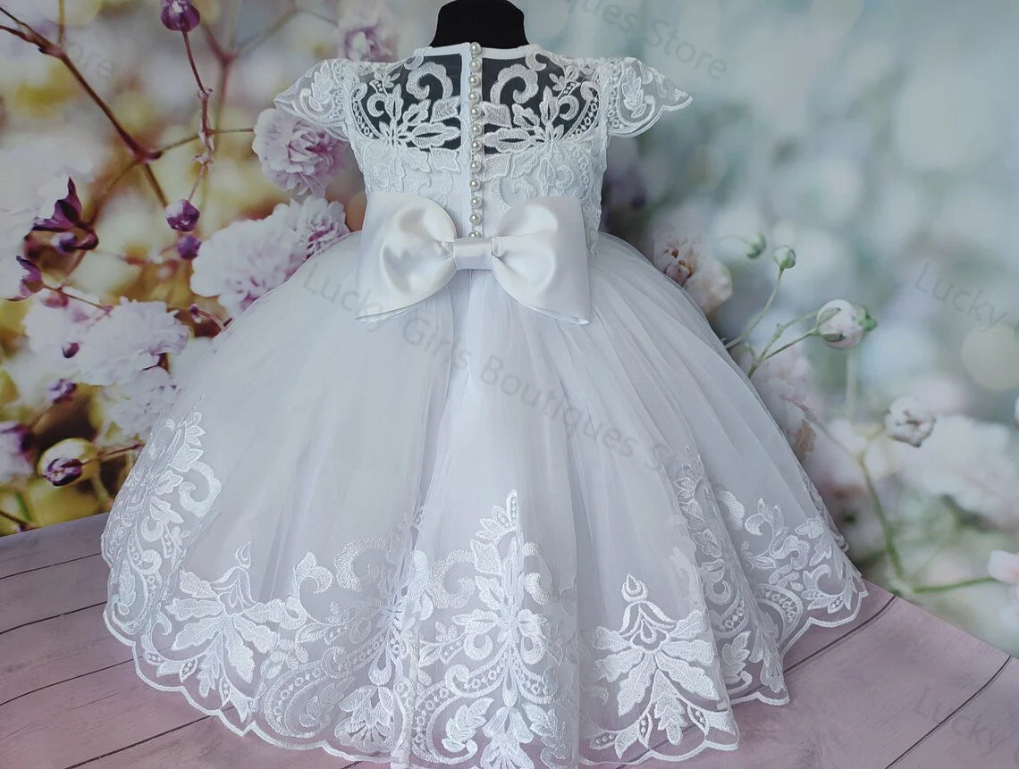 White Ball Gown Baby Christening Gowns Lace Appliques Bows Girls Baptism Pearls Newborn Kids Birthday First Communion Dresses