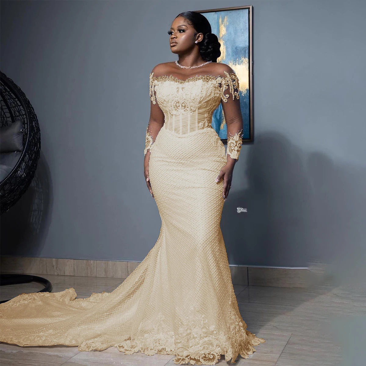 Customized Mermaid Wedding Dresses For Bride Women Elegant Sheer Long Sleeves Bridal Gowns Lace Customized Vestido De Novia