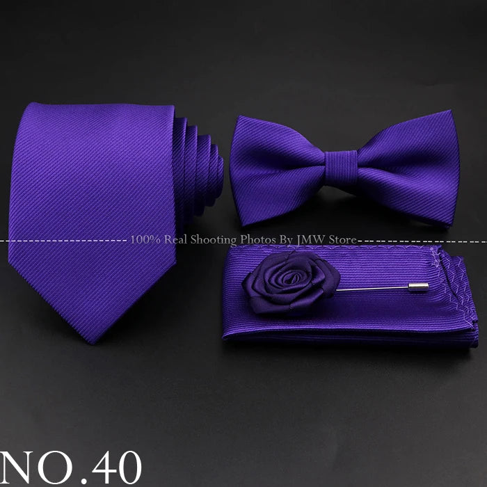 Hot Sale Red Blue Tie Set Polyester Slim Striped Necktie Bowtie Cufflink Brooch For Groom Suit Wedding Cravat Shirt Accessory