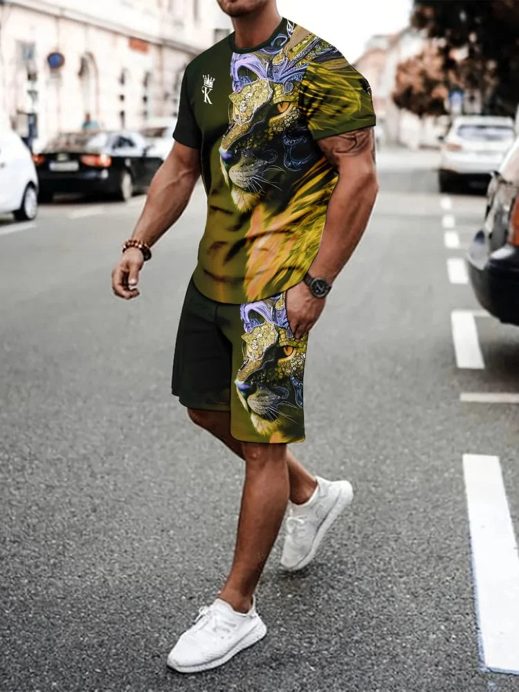 Men's Summer Short Sleeve Set Hip Hop Cartoon Bear Print Short Sleeve Top Shorts Casual Two-piece Outdoor Urban Street Fashion