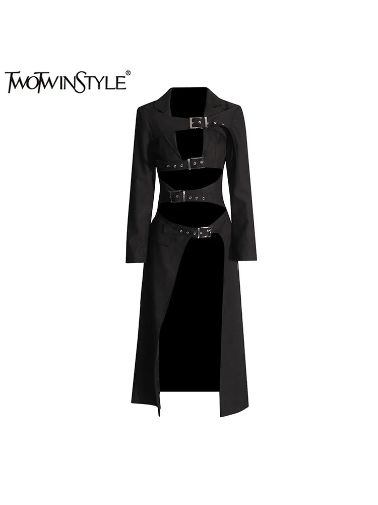 TWOTWINSTYLE Solid Hollow Out Sexy Long Coat For Women Lapel Long Sleeve Spliced Belt Chic Sexy Asymmetrical Jackets Female New