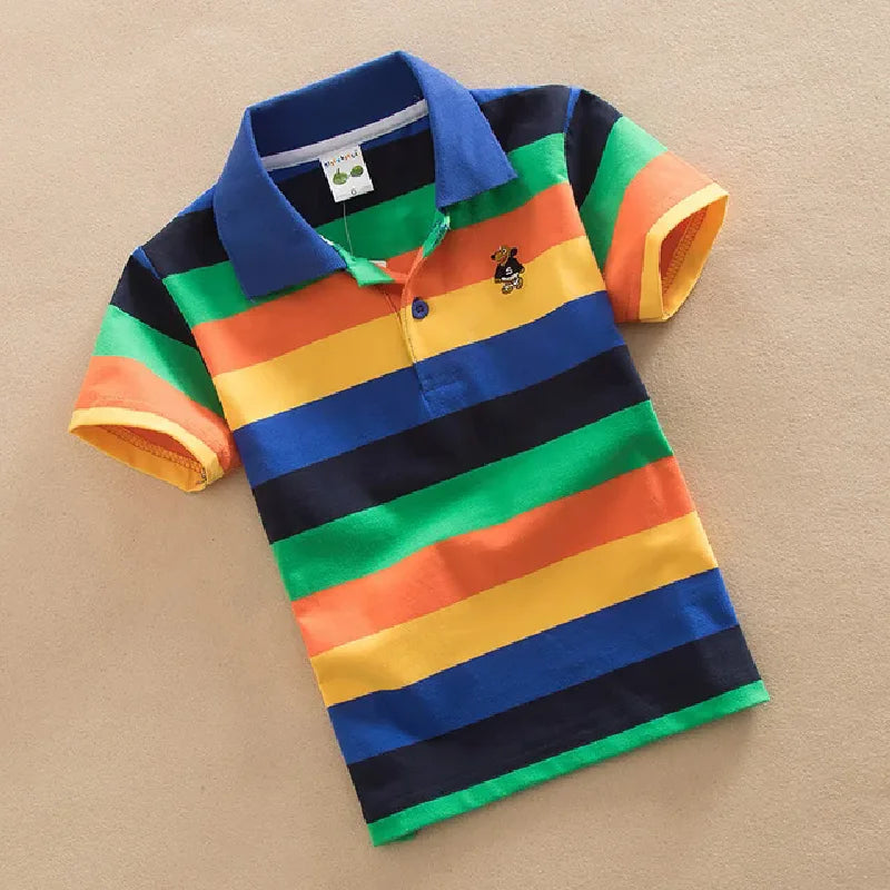 Boys T-shirt Summer Children Short Sleeve Stripe ClothingTees Cartoon Bear Embroidery Tops Kids Breathable Polo Shirt