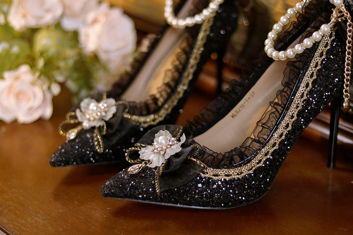 Lolita High Heels One Night Story Lolita Shoes Shiny Pointed High Heels Flower Wedding Ceremony 18 Year Old Slim Heels
