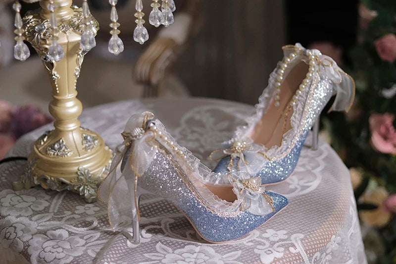 Lolita High Heels One Night Story Lolita Shoes Shiny Pointed High Heels Flower Wedding Ceremony 18 Year Old Slim Heels