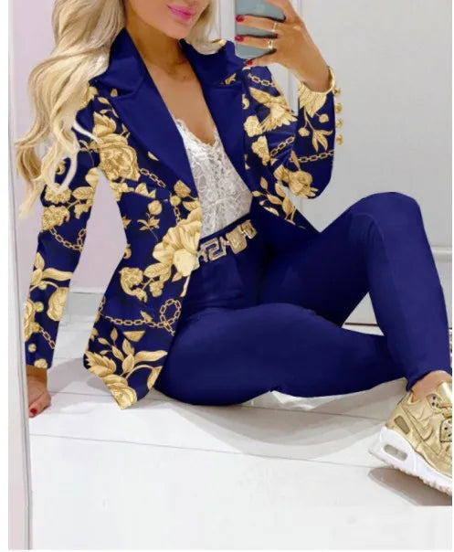 Fashion Butterfly Print Blazer Suit and Pants Two Piece Set for Women 2023 Autumn Winter Outfit Office Lady Casual Clothing