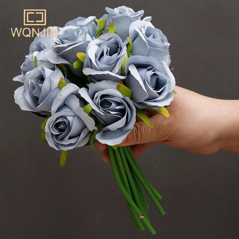 WQNJIN Artificial Flower Bouquet 12 Heads Silk Rose Blue Flower Fake Rose Bunch Wedding Party Home Table Gift Decoration
