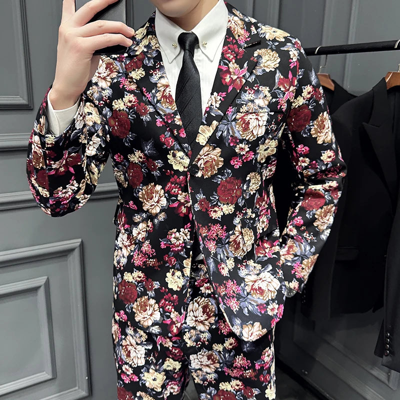 Suit (Blazer+ Pants) Men's Fashion Gentleman Slim Fit Business Outdoor Printed Gentleman Fine Cotton Wedding Work Casual Suit