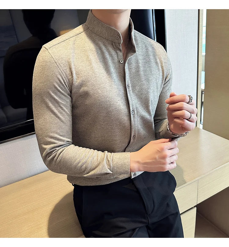 Winter Men Woolen Shirt with British Style Solid Casual Stand Up Collar Thick Warm Wool Formal Dress Shirt Fashion Men Clothing
