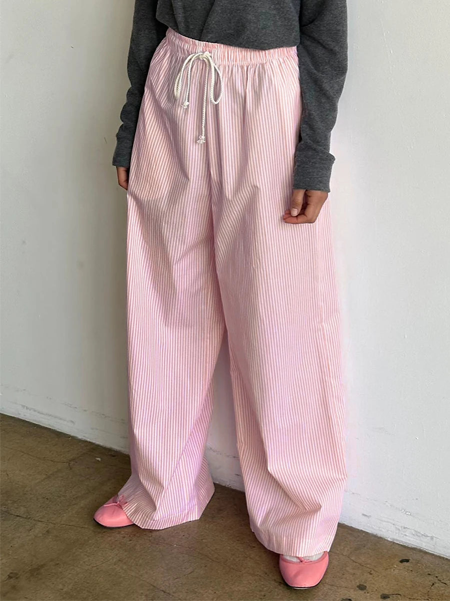 Combhasaki Women Y2K Aesthetic Wide-Leg Pants Stripe Drawstring High Elastic Waist Trousers Spring Fall Retro Sweatpants Bottoms