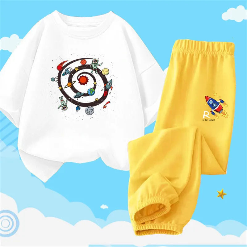 Boys Summer Clothes Set Kids Cartoon Space T shirts+Loose Harlan pants Suit 2PCS Pack Teens Sports Clothing Sets