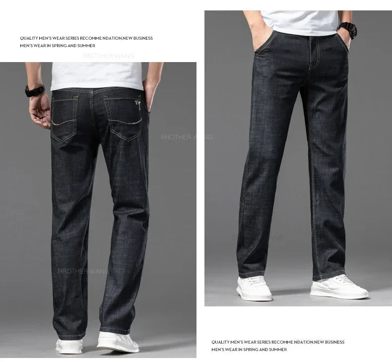 Summer Thin Men's Straight Jeans Classic Black Blue Stretch Casual Business Baggy Denim Pants Male Brand Trousers