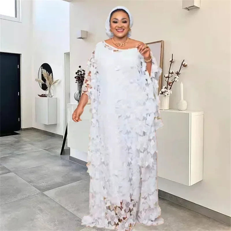 Lace Hollow Africa Dress African Dresses for Women African Clothes 2025 Dashiki Taditional Boubou Arabic Robe Femme Musulmane