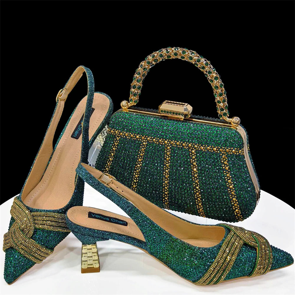 Venus Chan 2024 Special Design High Quality Orange Color African Women Shoes and Bag Set with Shinning Crystal for Wedding Party